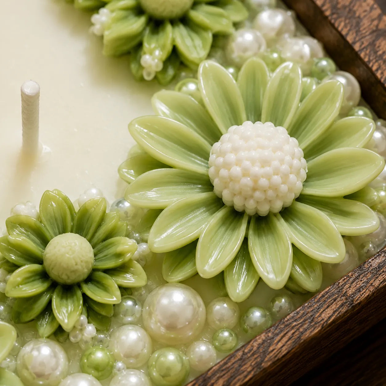 Handmade sage green daisy flower wax detailing with pearl accents in a rustic wooden dough bowl candle for luxury botanical home décor.