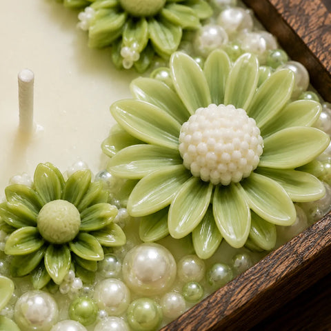 Handmade sage green daisy flower wax detailing with pearl accents in a rustic wooden dough bowl candle for luxury botanical home décor.