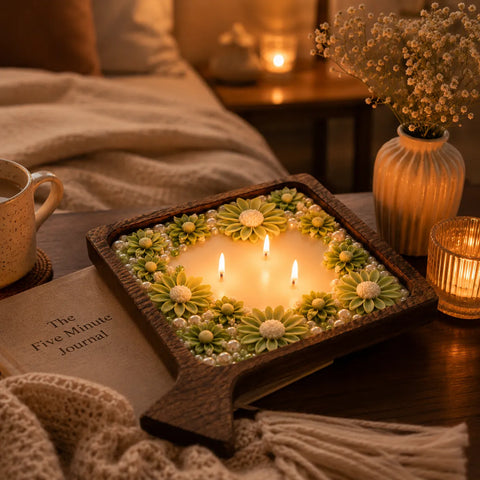 Decorative candle with floral design on a table next to a book and mug in a cozy setting.