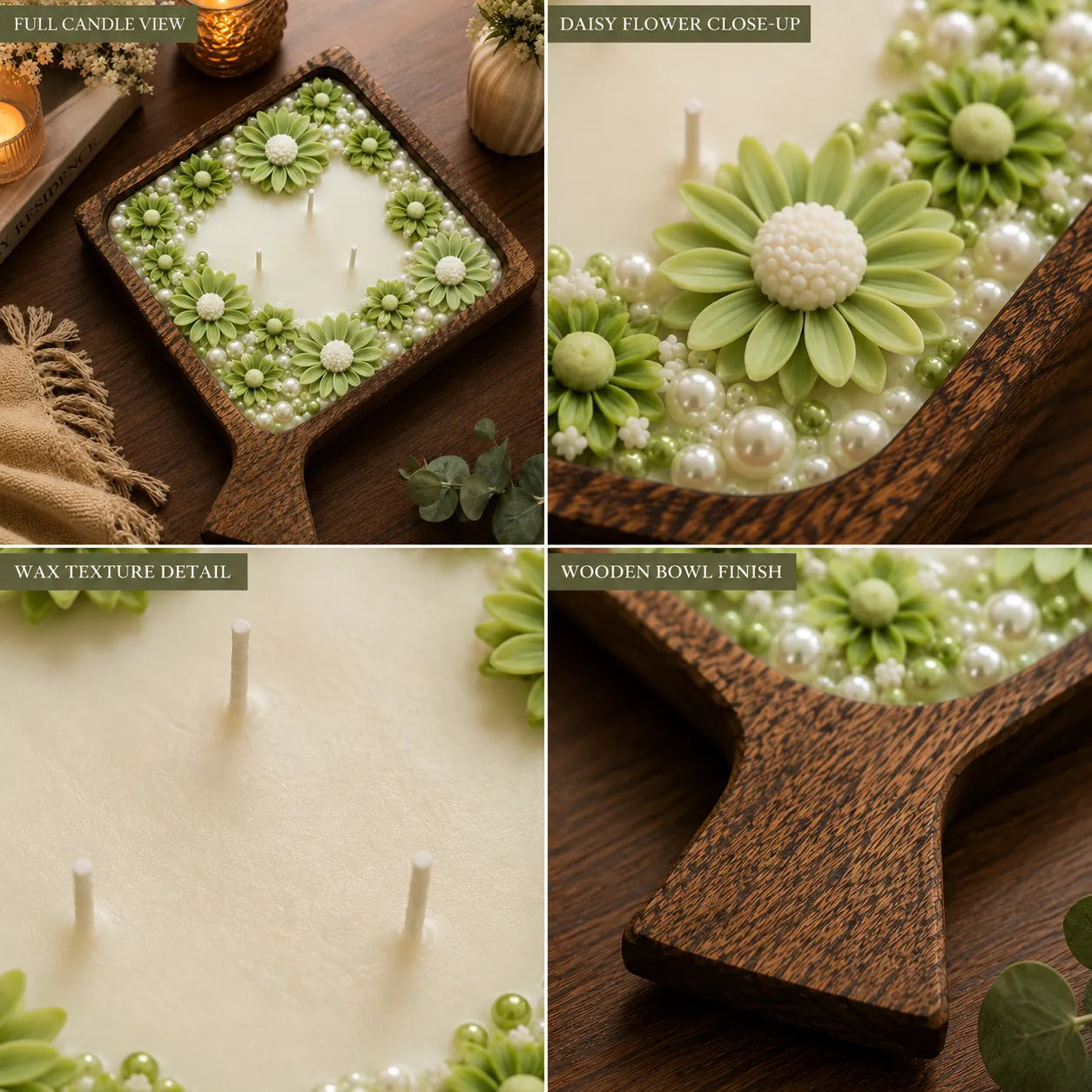 Collage of a decorative candle with green floral design and wooden bowl.