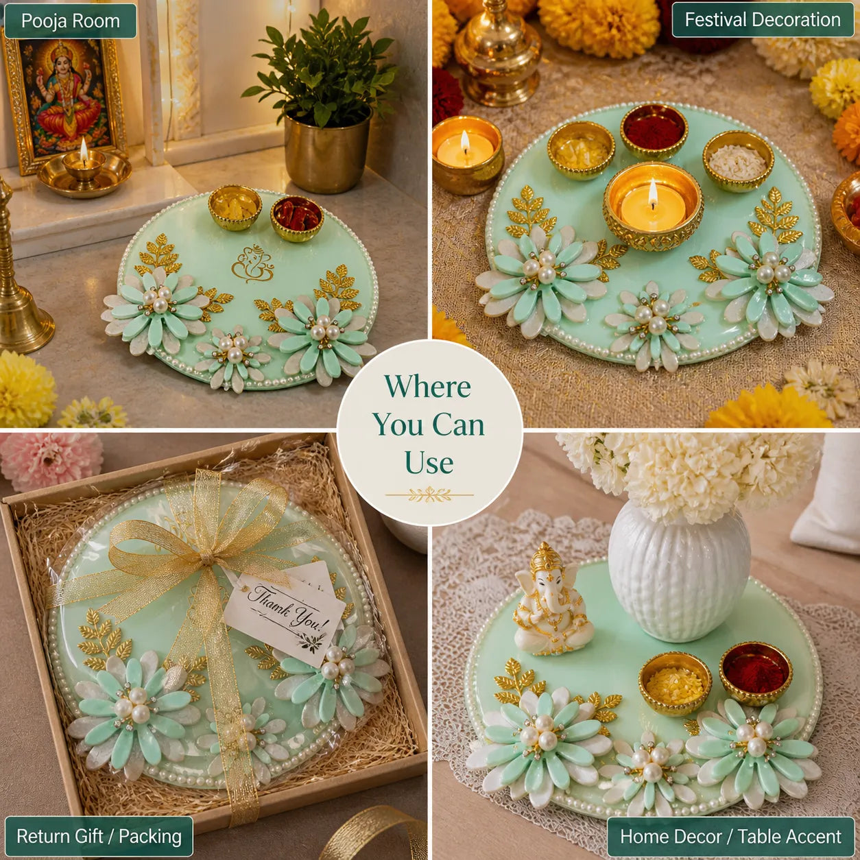 Decorative tray with floral designs and candles, used for festival decoration, home decor, and as a return gift.