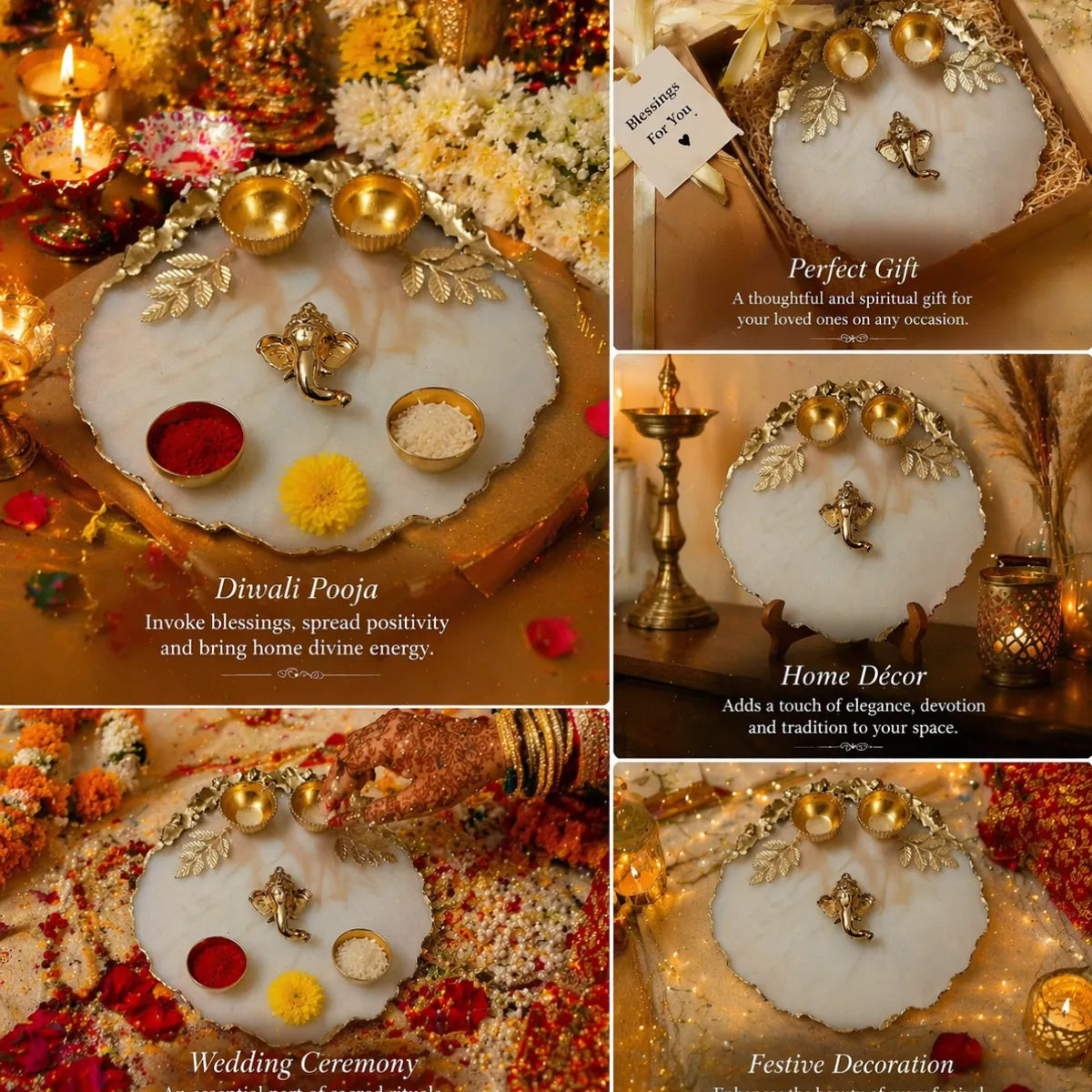Collage of a decorative item with religious and festive significance, including text on home decor, wedding ceremony, and Diwali pooja.