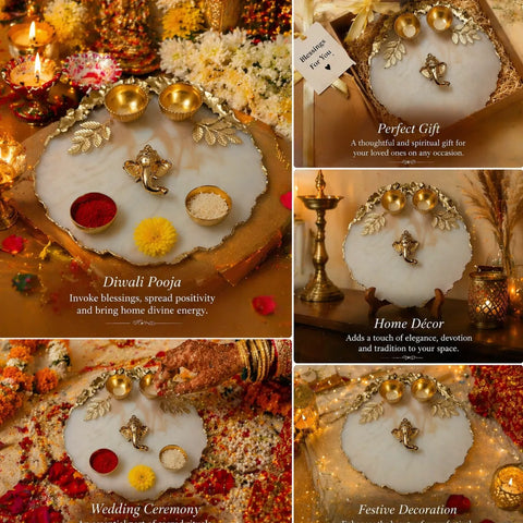 Collage of a decorative item with religious and festive significance, including text on home decor, wedding ceremony, and Diwali pooja.