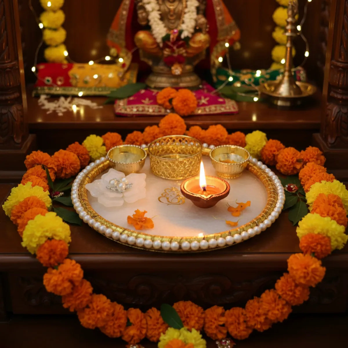 Decorative setup with flowers, candles, and a statue on a wooden surface.