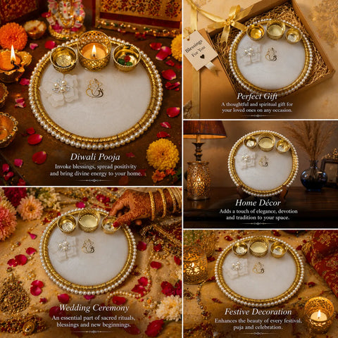 Collage of Diwali pooja setup with decorative items and text on gift box.