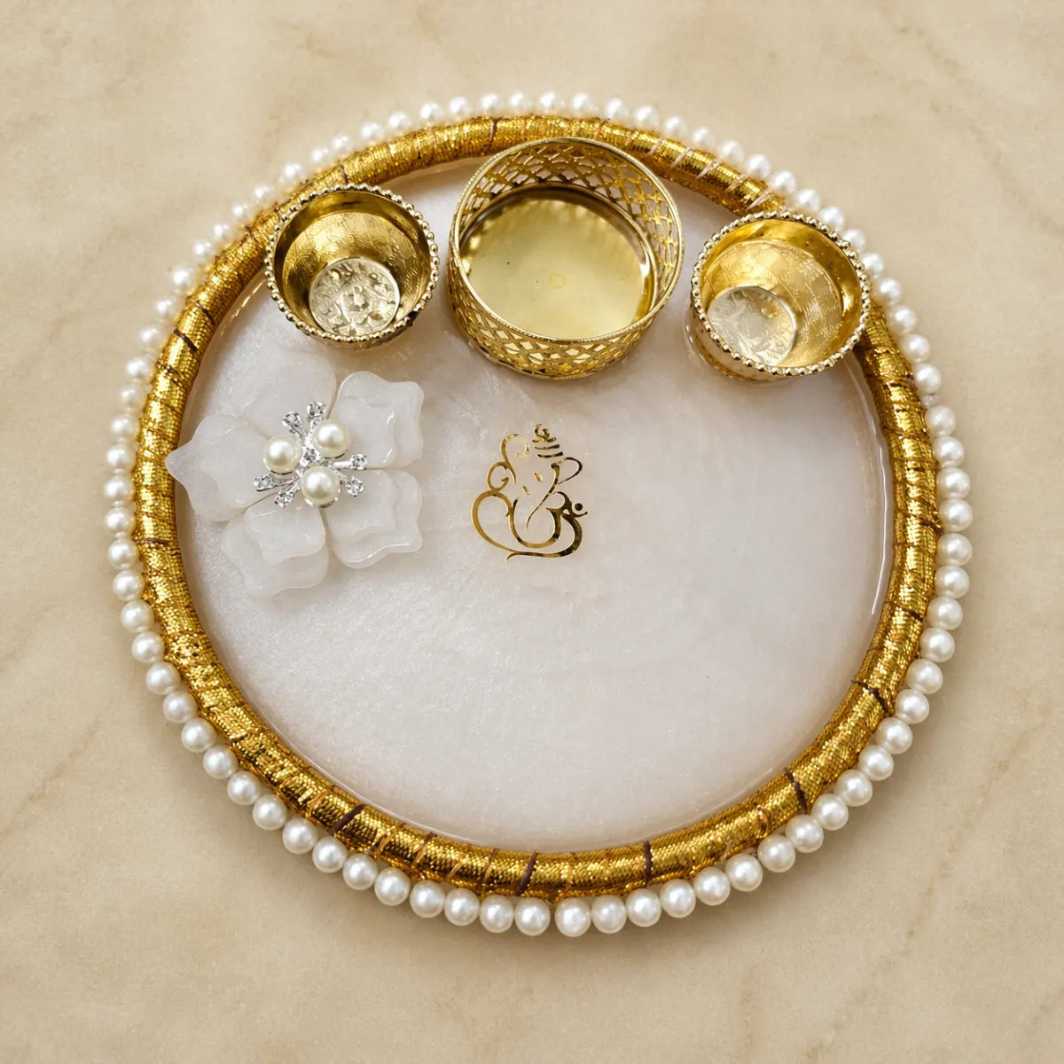 8 inch white marble resin pooja thali with pearl border and gold ganesh design with diya holders decorative aarti plate for home temple use