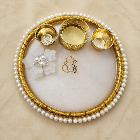 8 inch white marble resin pooja thali with pearl border and gold ganesh design with diya holders decorative aarti plate for home temple use