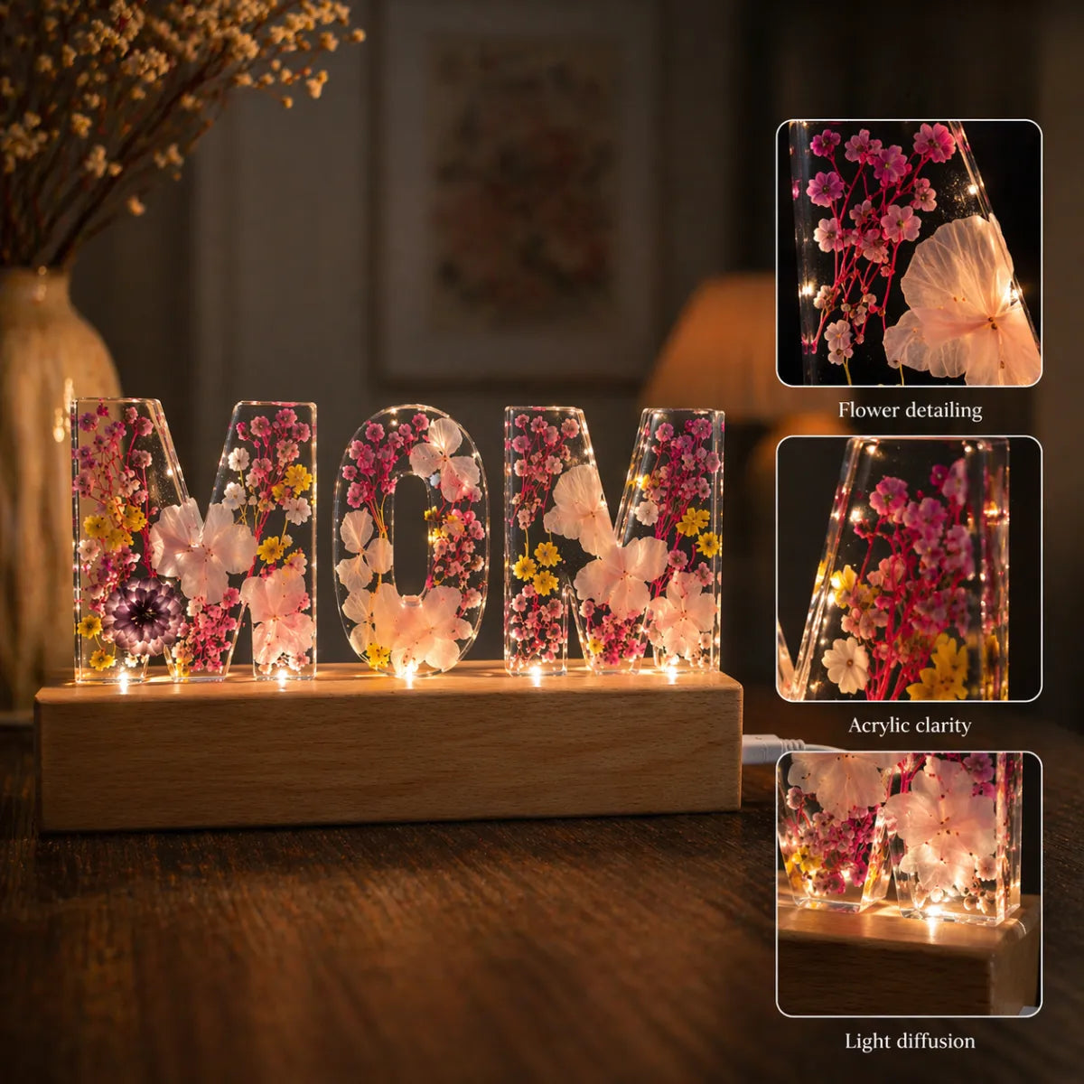 8 inch customized LED MOM name lamp with floral detailing acrylic clarity and light diffusion wooden base warm glow