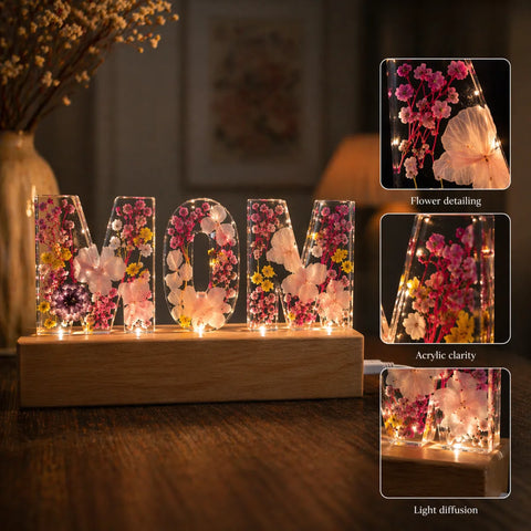 8 inch customized LED MOM name lamp with floral detailing acrylic clarity and light diffusion wooden base warm glow