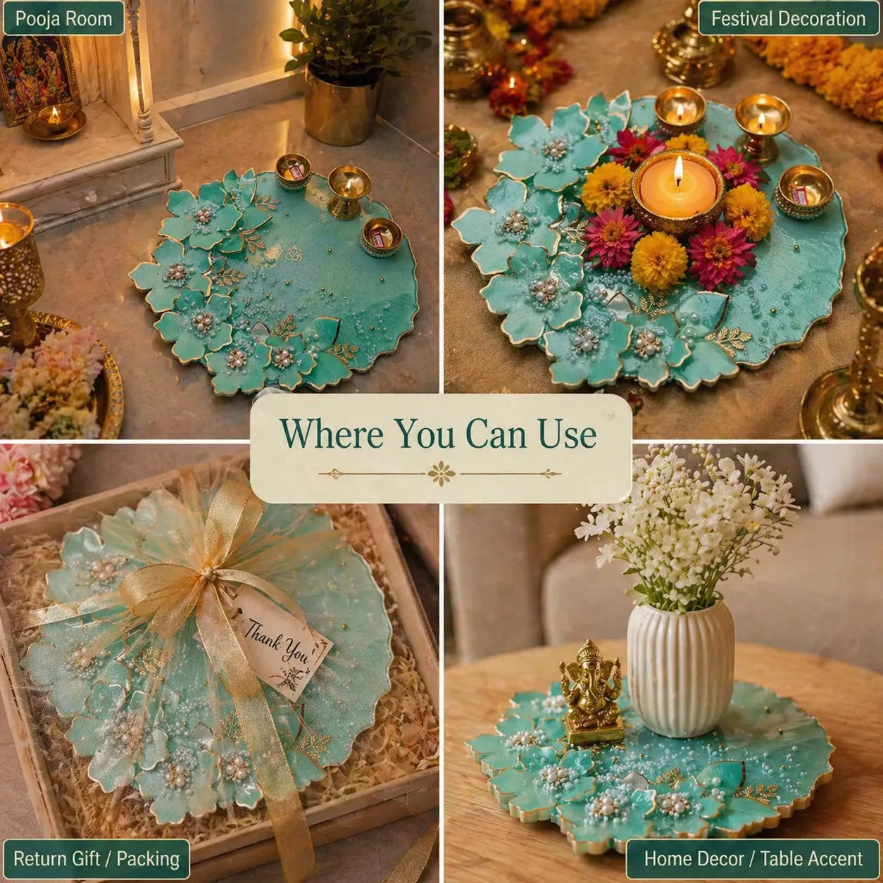 Decorative turquoise tray with floral design and candle, used for home decor and gift packaging.