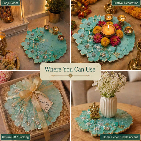 Decorative turquoise tray with floral design and candle, used for home decor and gift packaging.
