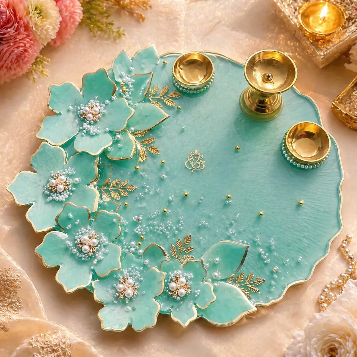 8 inch mint green floral resin pooja thali with pearl detailing and gold leaf accents decorative aarti plate for home temple and festive use
