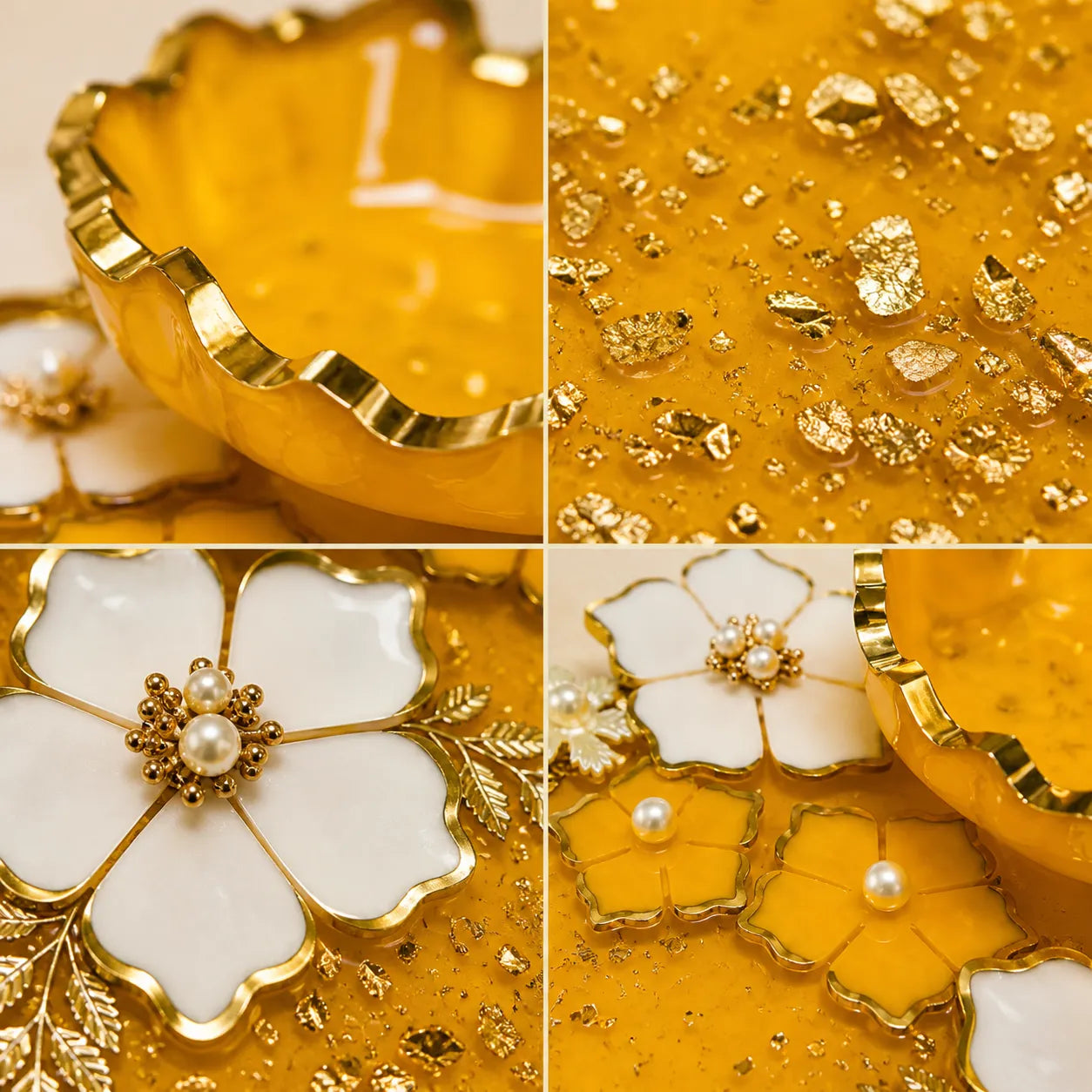 Collage of decorative items with gold and white elements on a yellow background