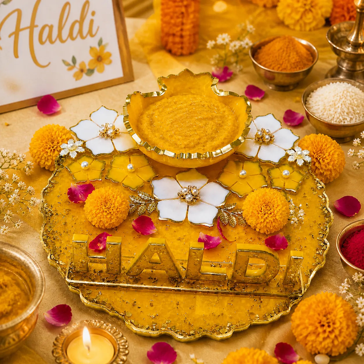 Decorative plate with 'Haldi' text, flowers, and henna on a gold background
