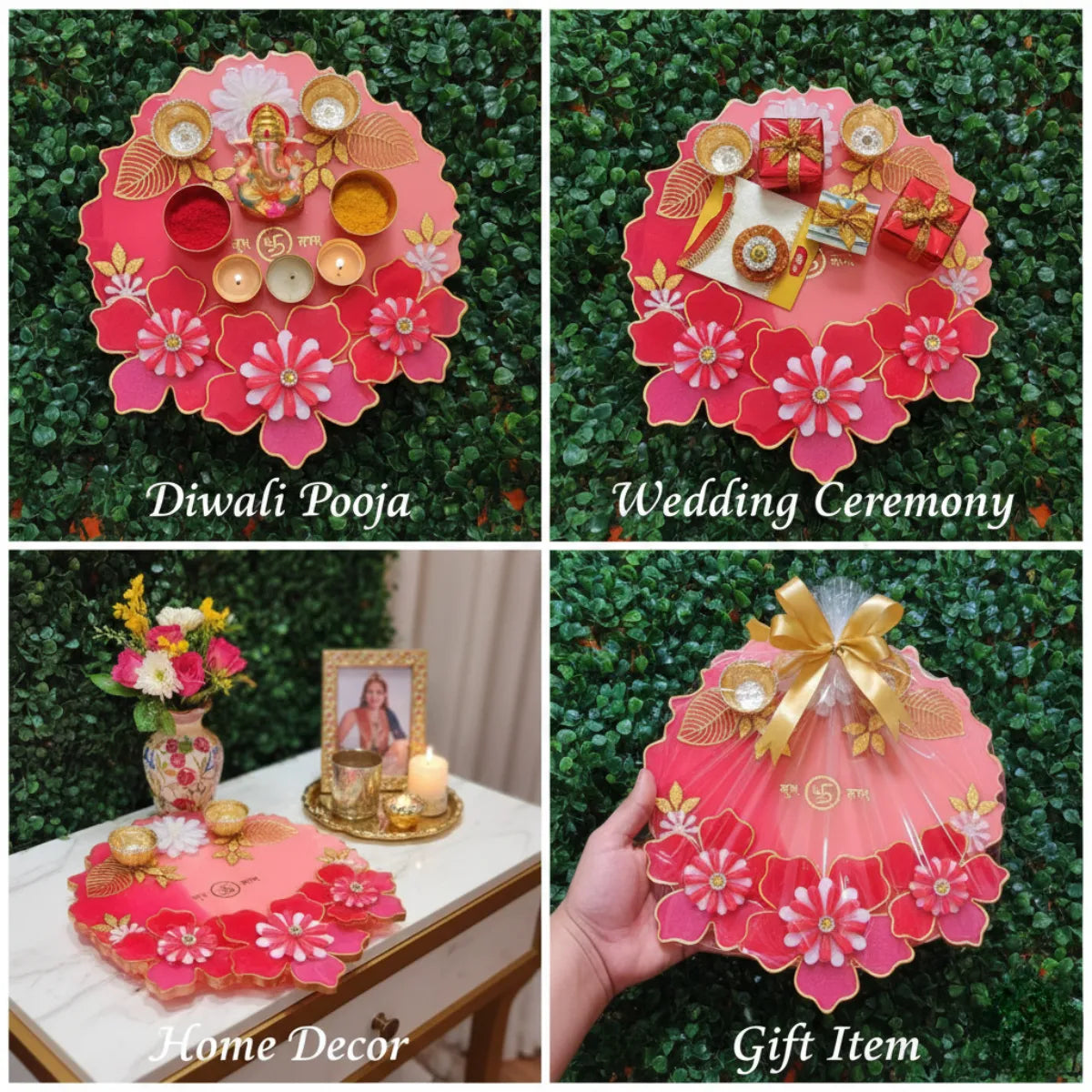 resin pooja thali in pink red with gold accents used for diwali pooja wedding decor home decor and gifting purpose