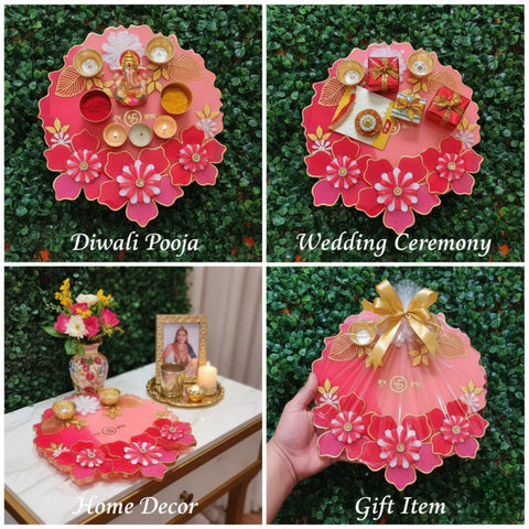 resin pooja thali in pink red with gold accents used for diwali pooja wedding decor home decor and gifting purpose