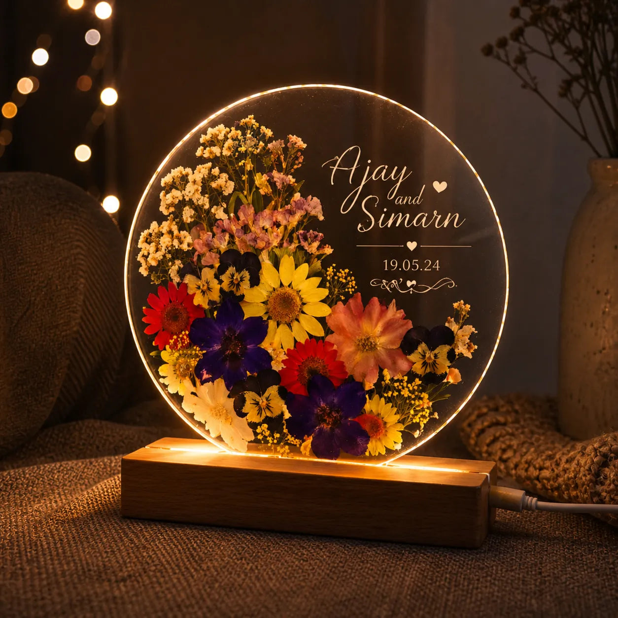 Decorative lamp with pressed flowers and personalized text on a wooden base.