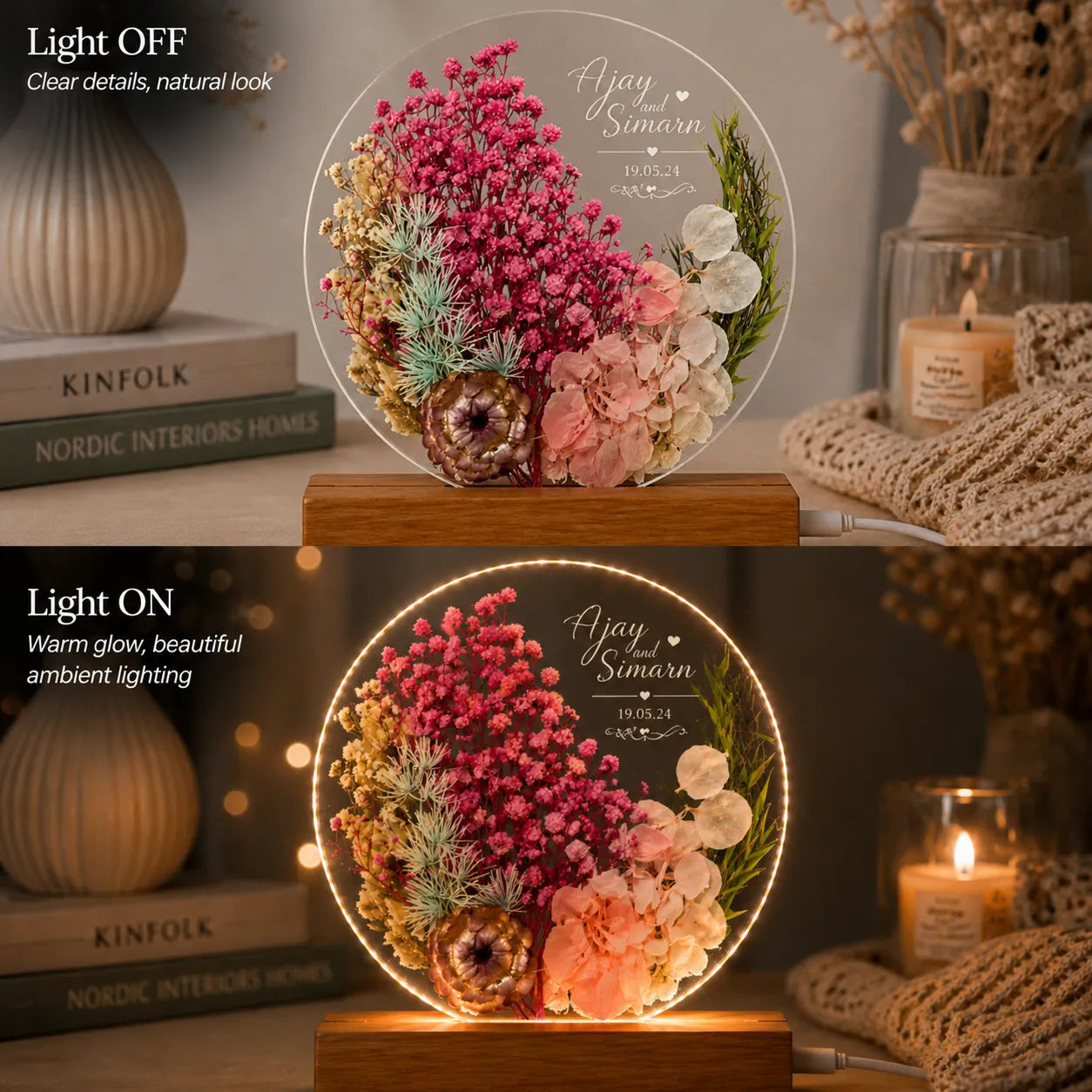 Decorative lamp with flowers on a wooden base, shown in light off and light on states.