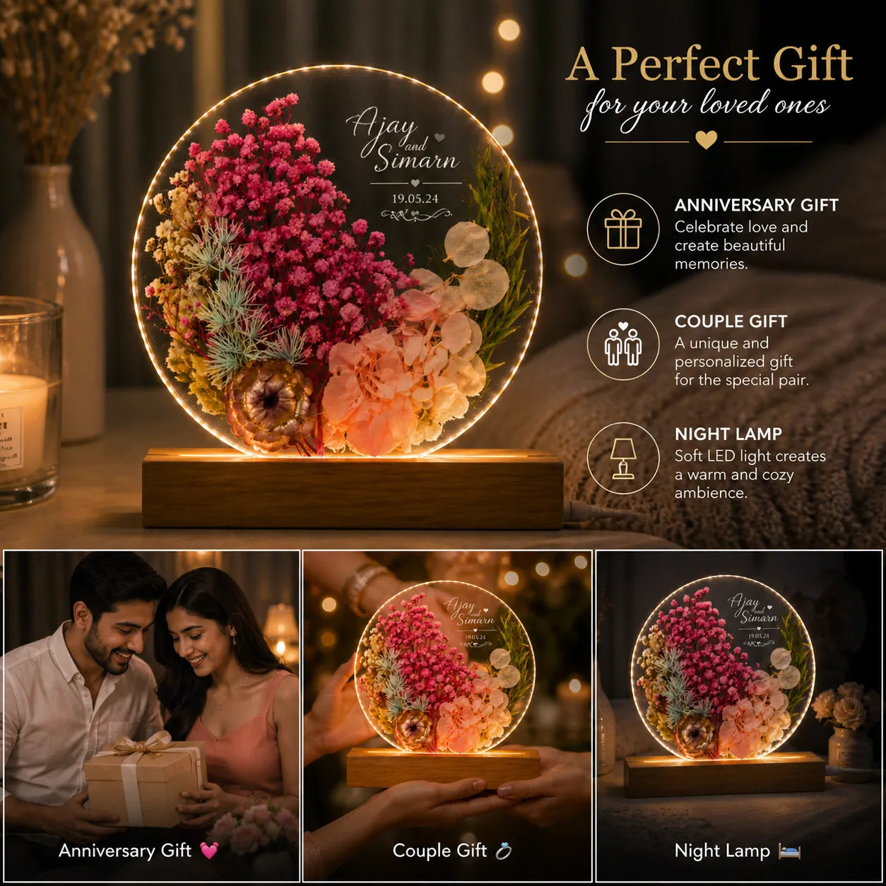 Decorative LED night light with floral design, suitable as an anniversary gift or couple gift.