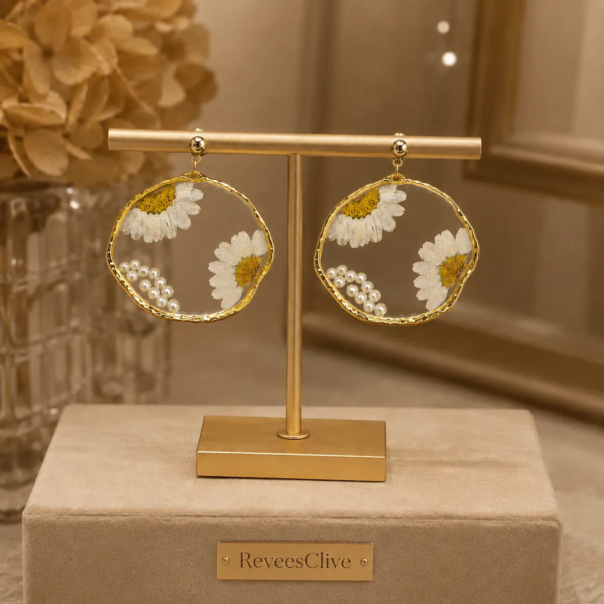 White Daisy Resin Hoop Earrings with Pearl Detailing – Gold Frame Earrings for Women