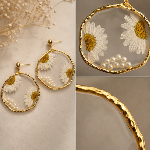 White Daisy Resin Hoop Earrings with Pearl Detailing – Gold Frame Earrings for Women