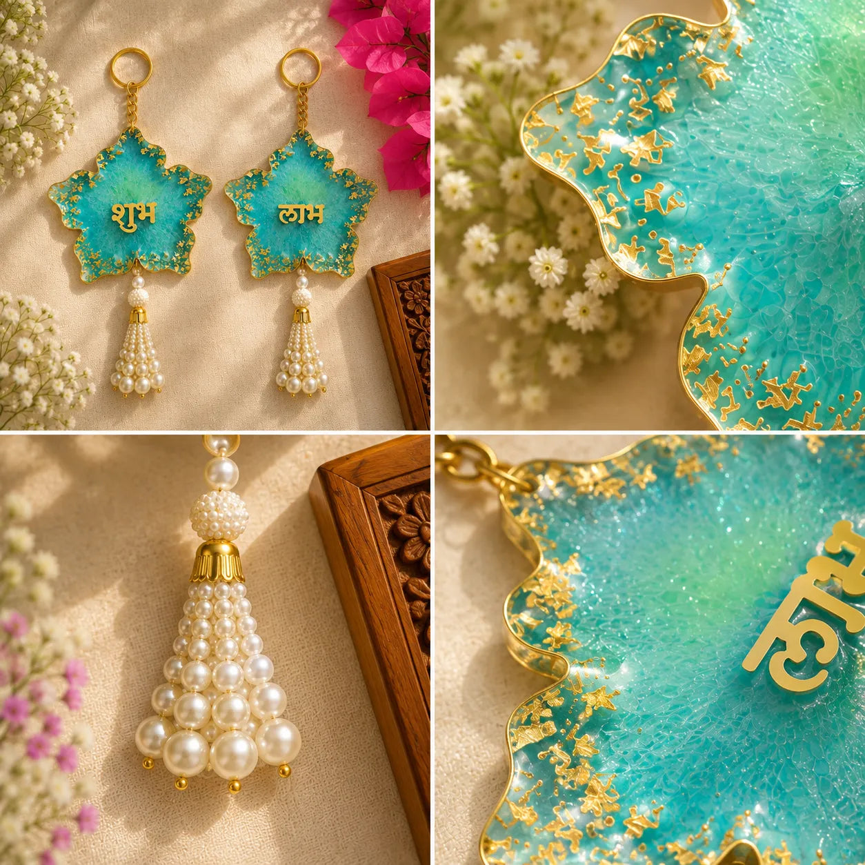 Decorative items with turquoise and gold colors, featuring text and pearl details, on a floral background.