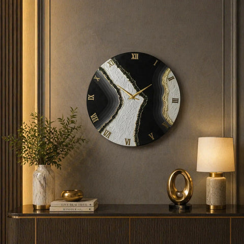 Modern Marble Style 16 Inch Resin Wall Clock – Black & White with Gold Detail