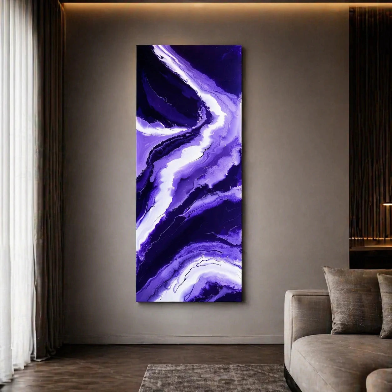 Abstract purple painting on a wall in a living room setting