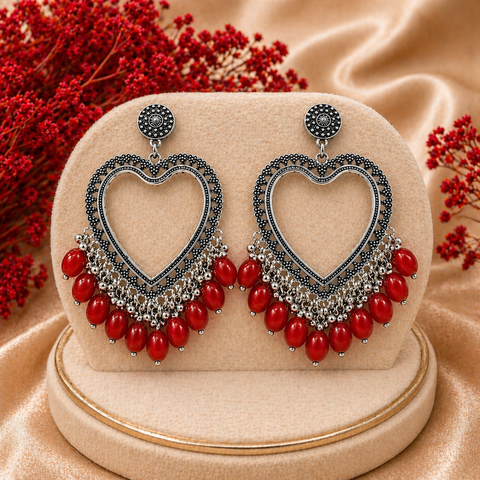 Oxidised Silver Heart Shape Drop Earrings with Beads
