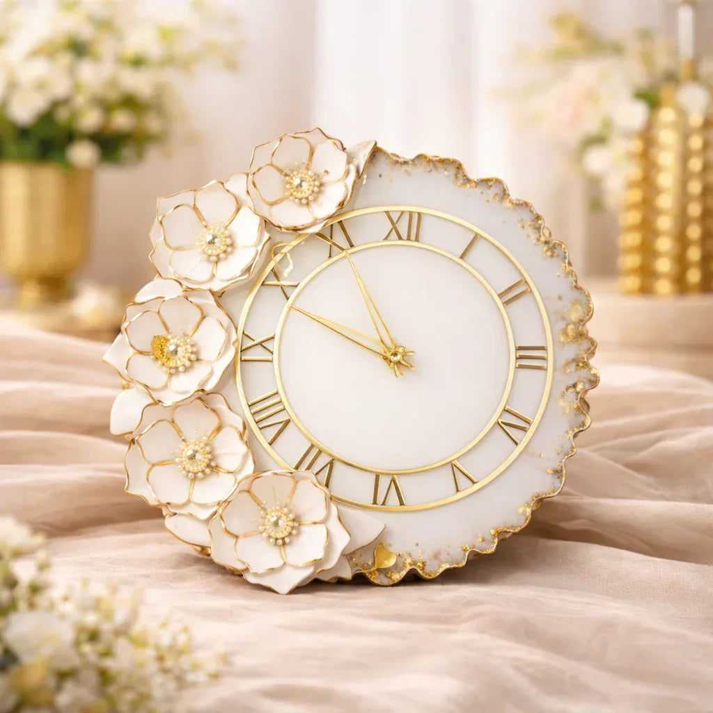 12inch 3D Flower Resin wall clock White - Craft Farm
