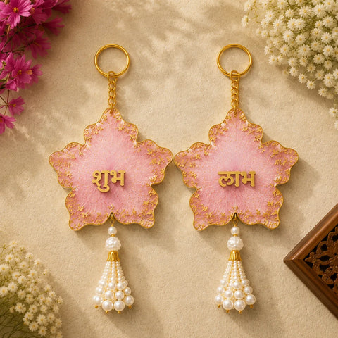 Floral Shubh Labh Decorative Door Hanging with Pearl Tassels