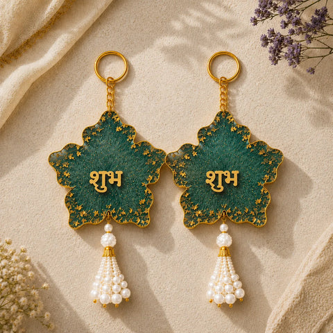 Floral Shubh Labh Decorative Door Hanging with Pearl Tassels