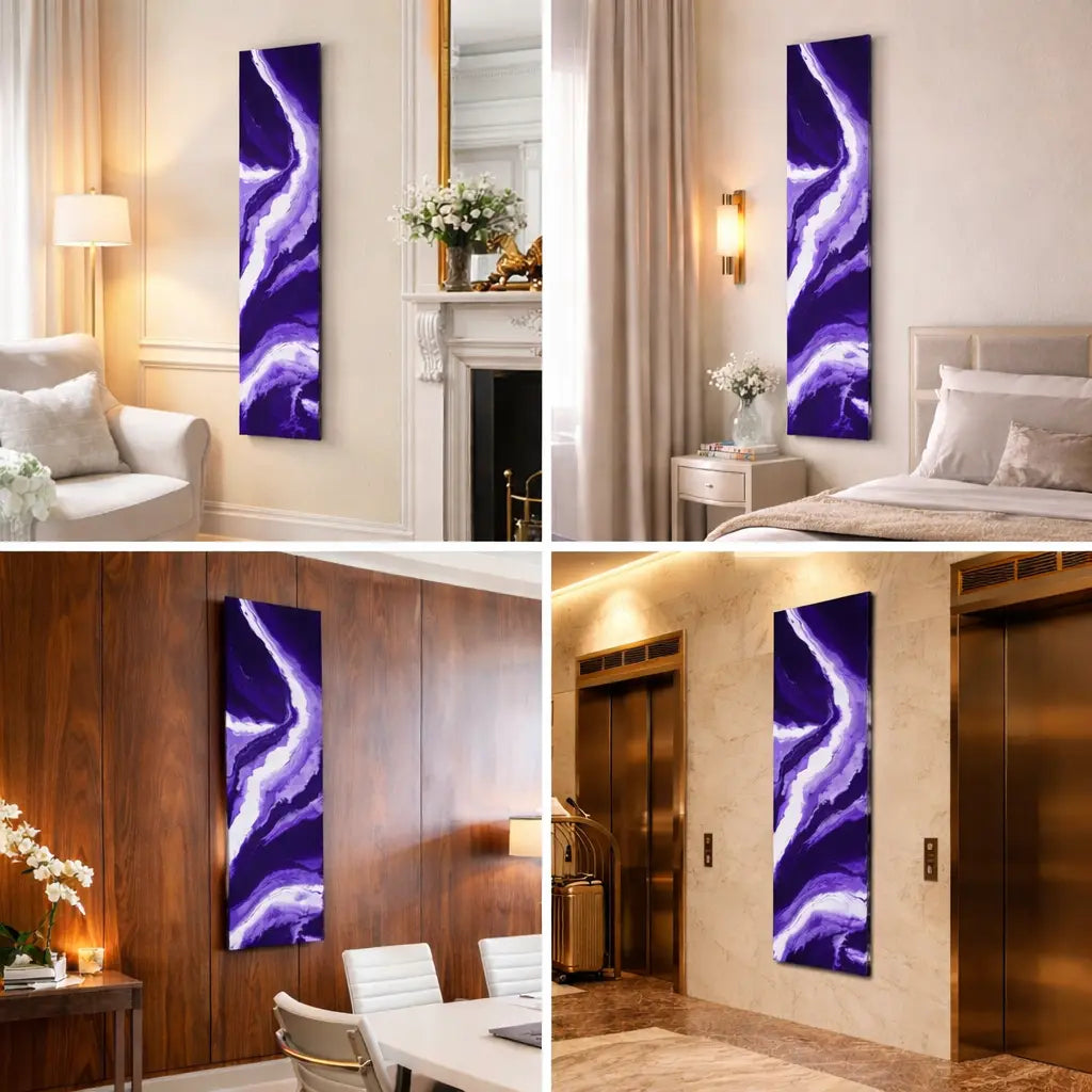 Purple abstract wall art displayed in various indoor settings.