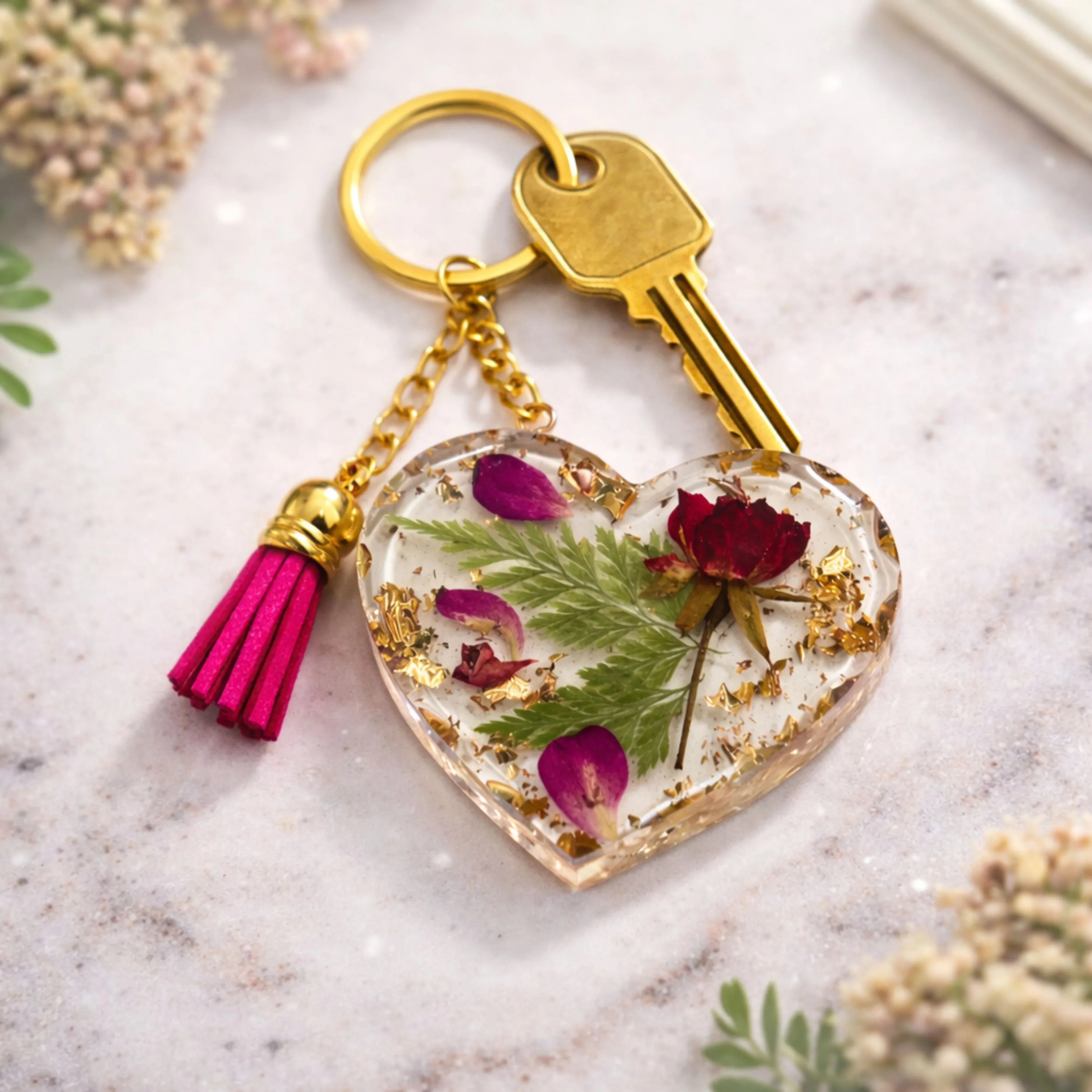 heart resin keychain with real dried flowers and gold flakes, aesthetic keychain with tassel and keys