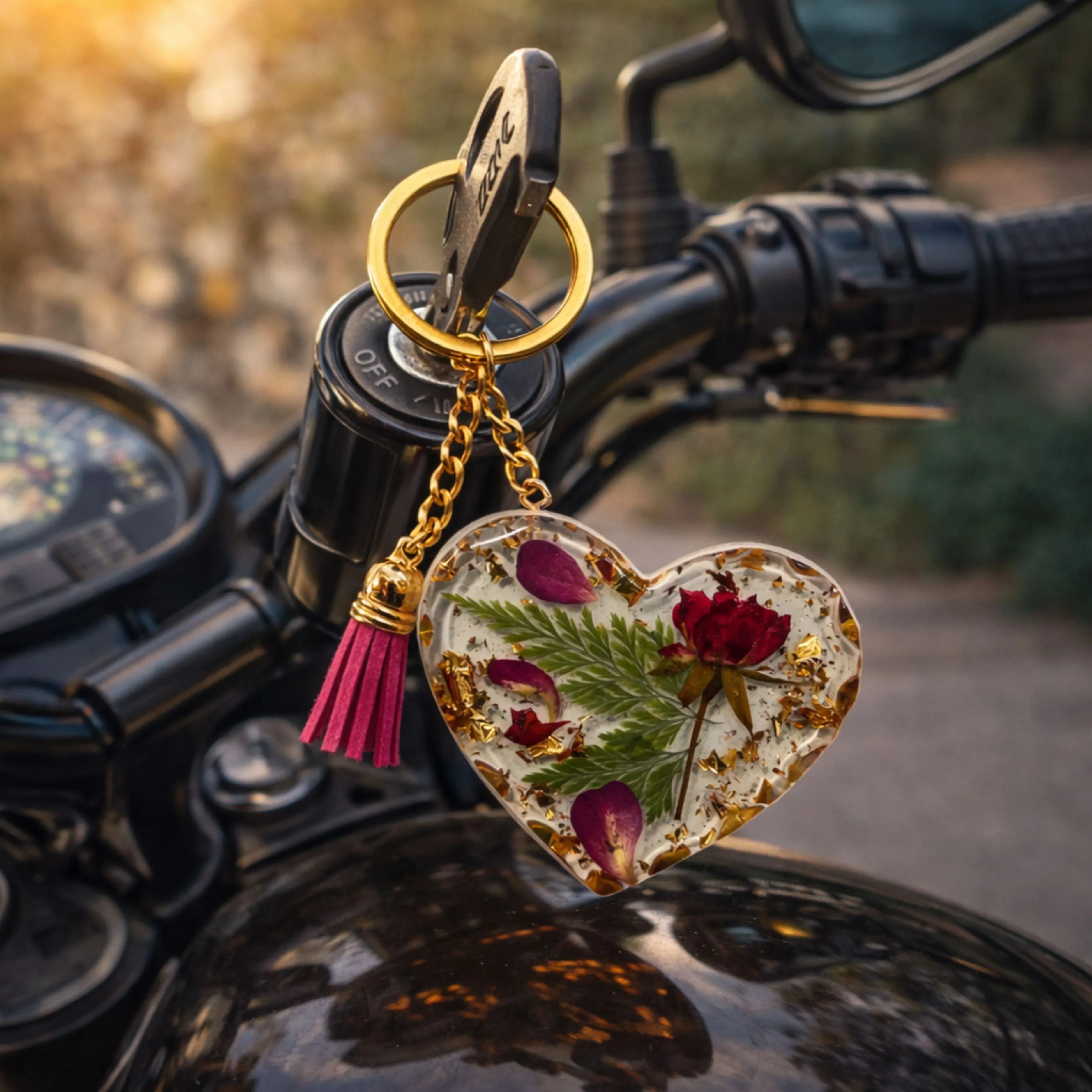 heart resin keychain with real dried flowers and gold flakes attached to bike key, aesthetic handmade accessory