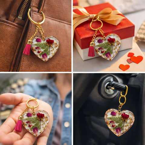 Resin heart keychain with dried rose, leaf and gold flakes tassel charm, lifestyle collage showing bag, gift box, hand and car key use