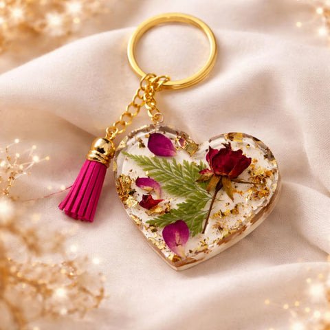 Resin heart keychain with real dried rose and leaf, gold flakes and tassel charm, handmade romantic gift