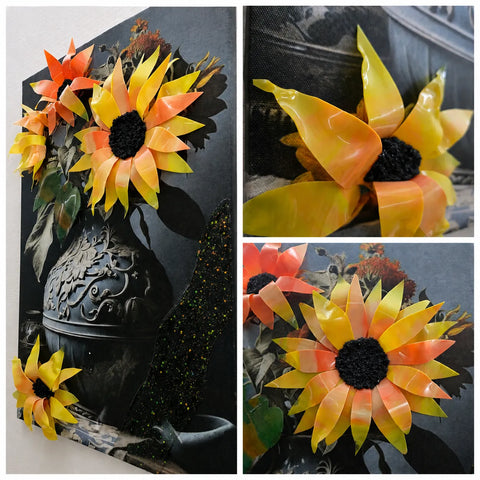 Collage of sunflower decorations on a black urn with a decorative background.