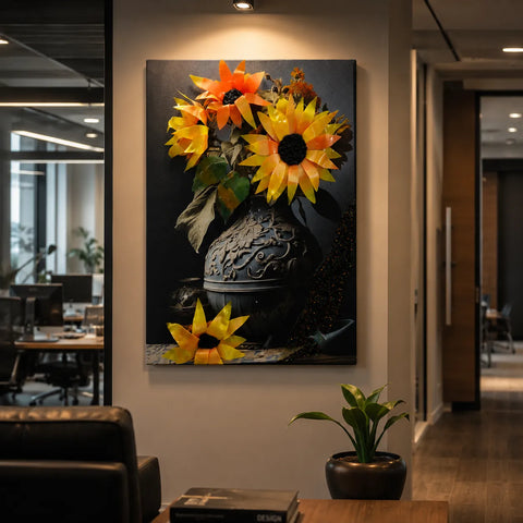 Decorative painting of sunflowers in a vase on a wall in an office setting.