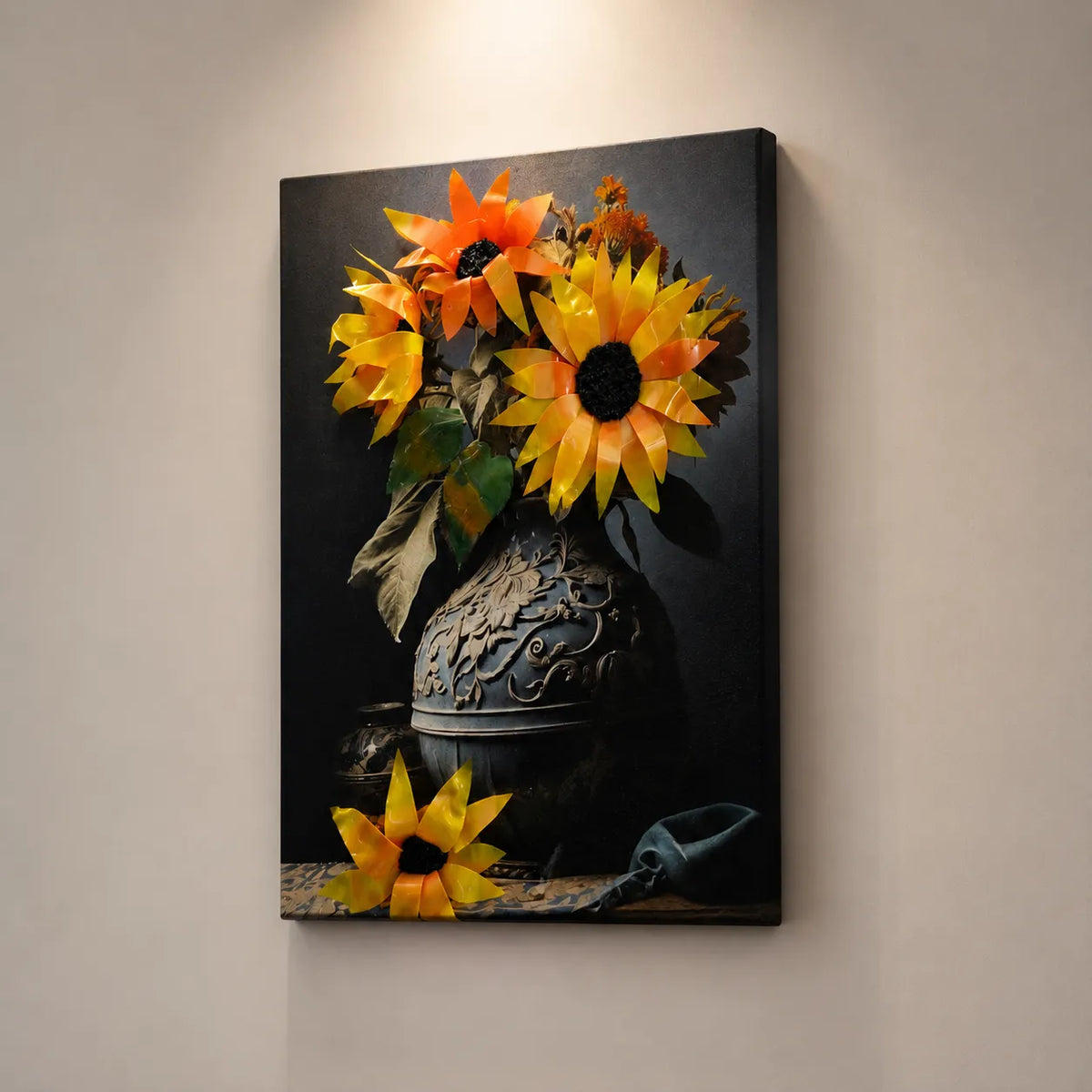 Canvas print of sunflowers in a vase on a wall
