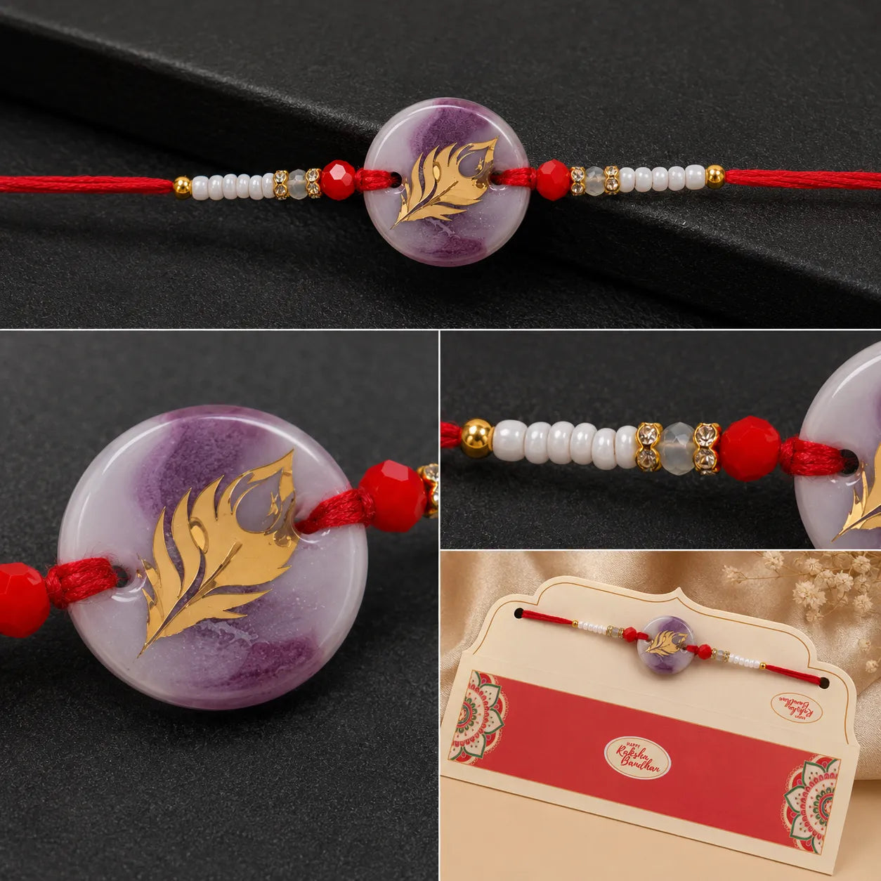 Decorative bracelet with purple bead and gold leaf design on a black background