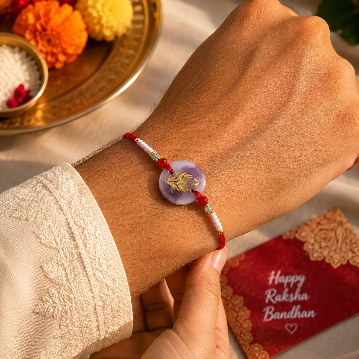 Hand wearing a bracelet with decorative elements, with 'Happy Raksha Bandhan' card in the background.