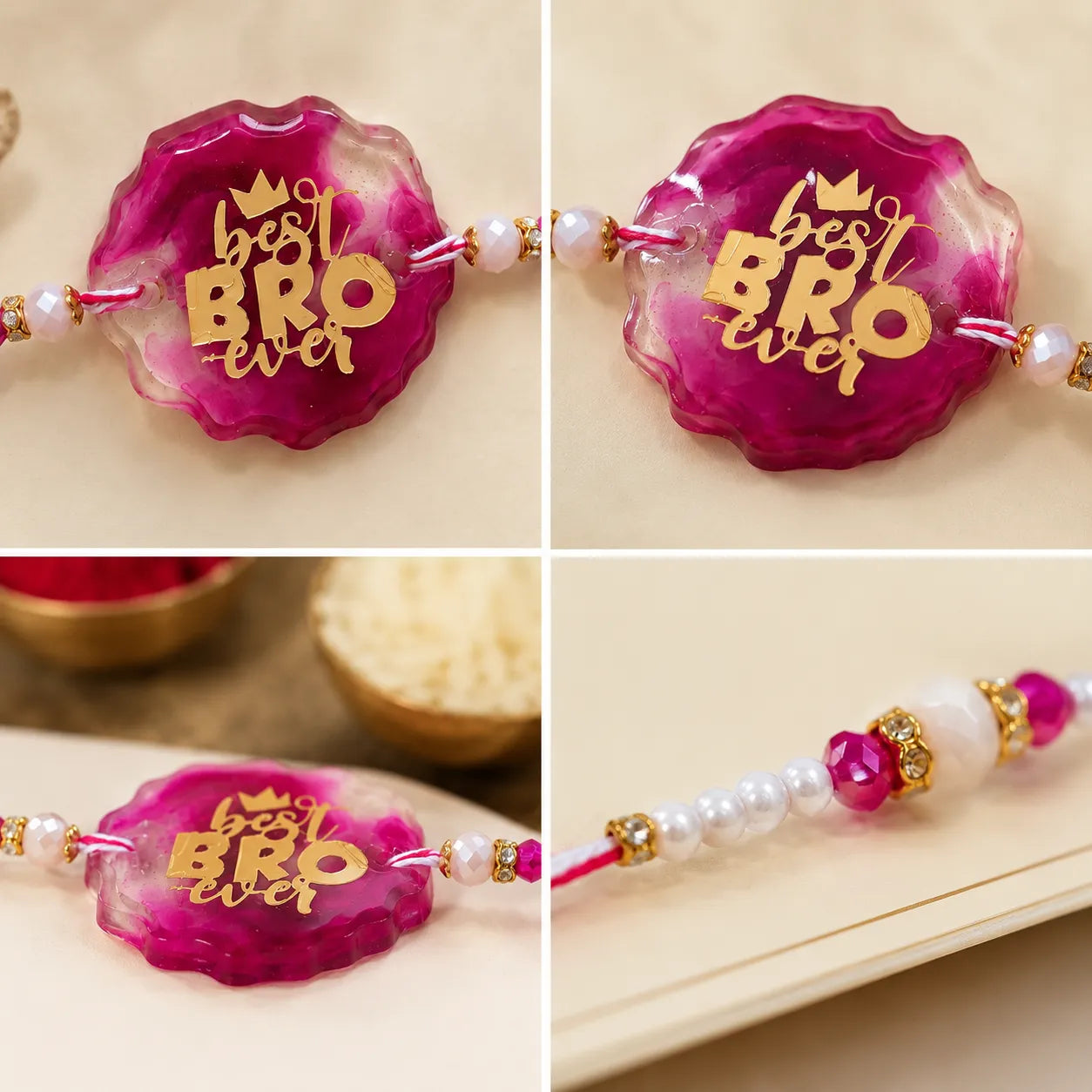Pink rakhi with 'best bro ever' text on a beige background