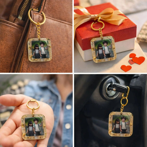 Keychain with photo of two children, displayed on a bag, gift box, and car key.