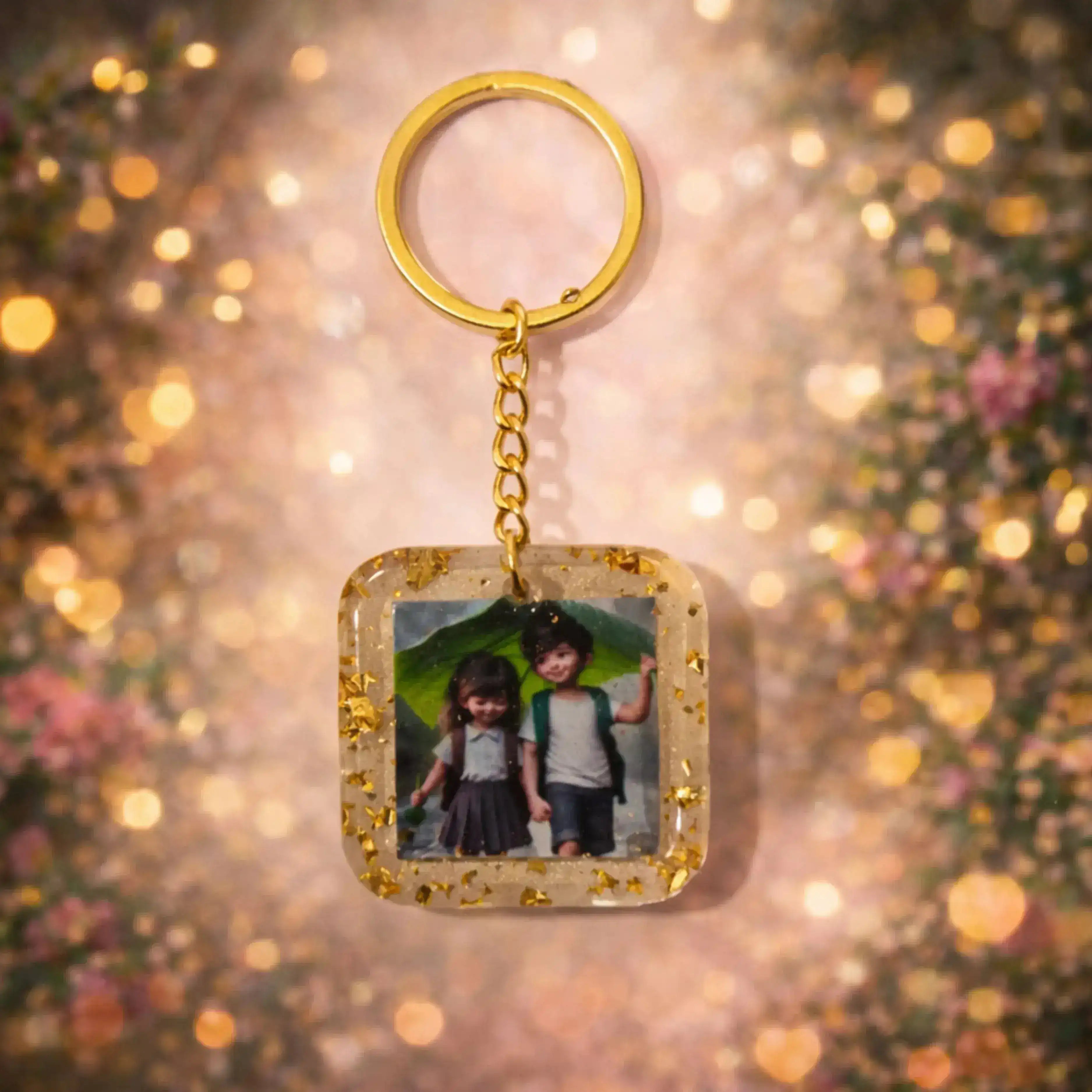 Best friends square resin photo keychain with gold flakes, personalized handmade friendship gift keepsake