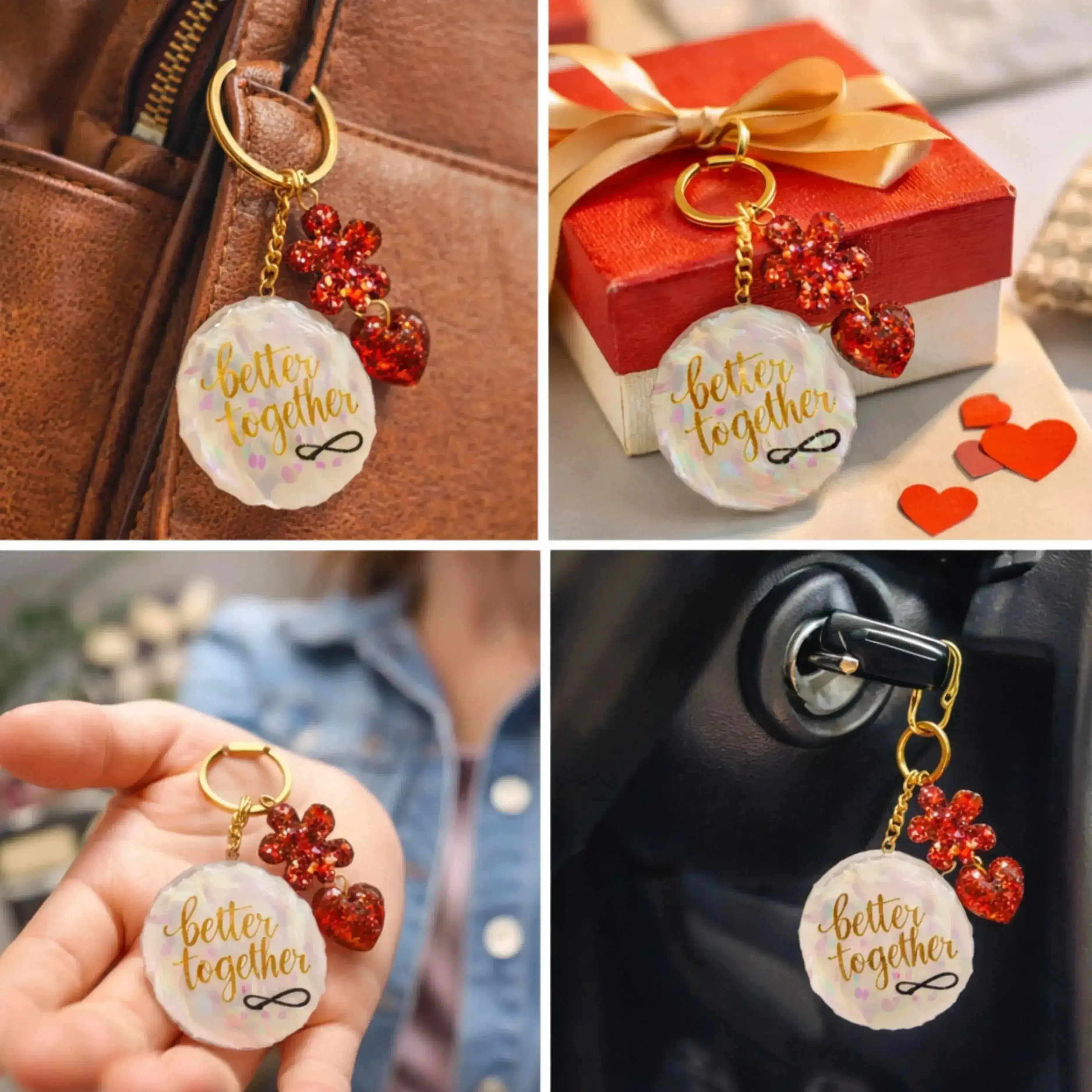 Keychain with 'better together' text and red heart charms displayed on a car, hand, and gift box.