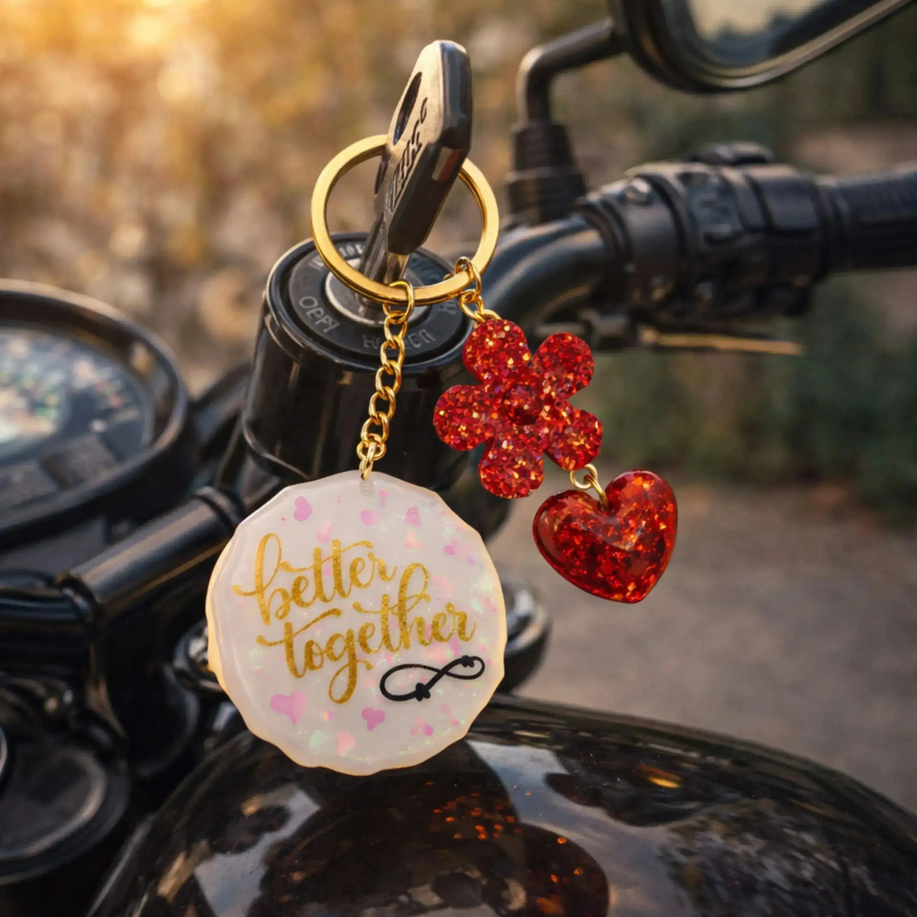 Keychain with 'better together' charm on a motorcycle handlebar
