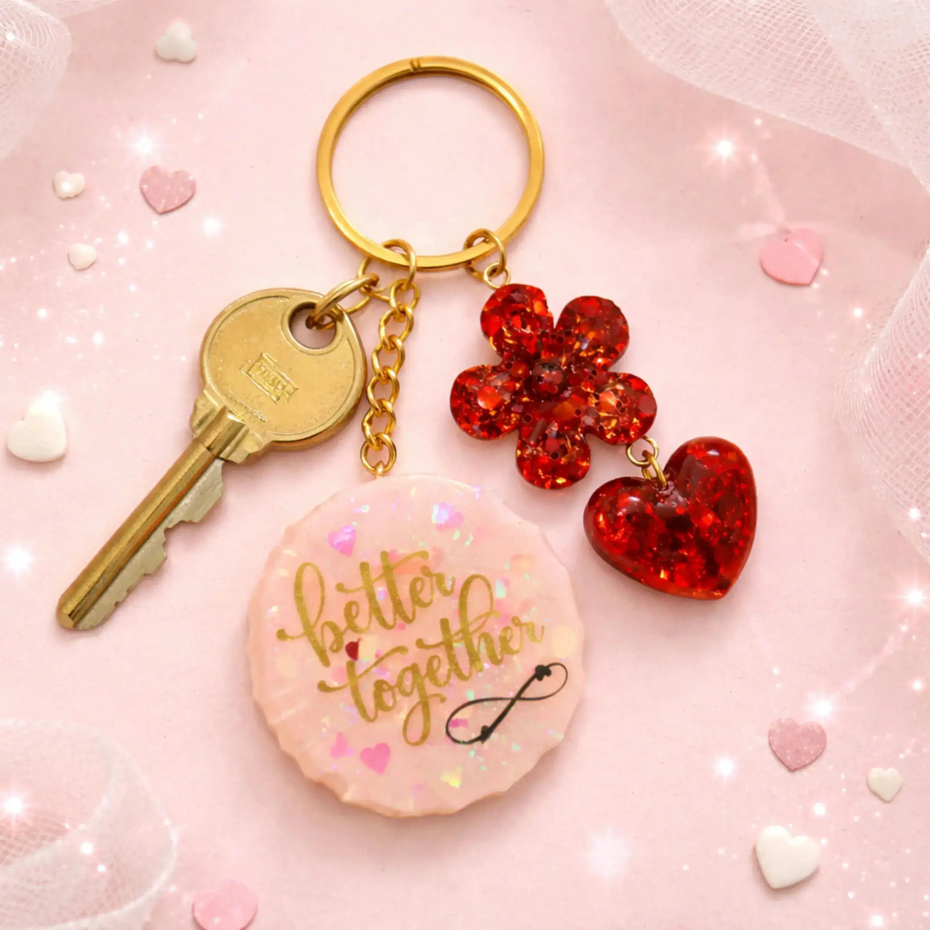 Resin love keychain with better together text, heart and flower charms, romantic couple gift accessory