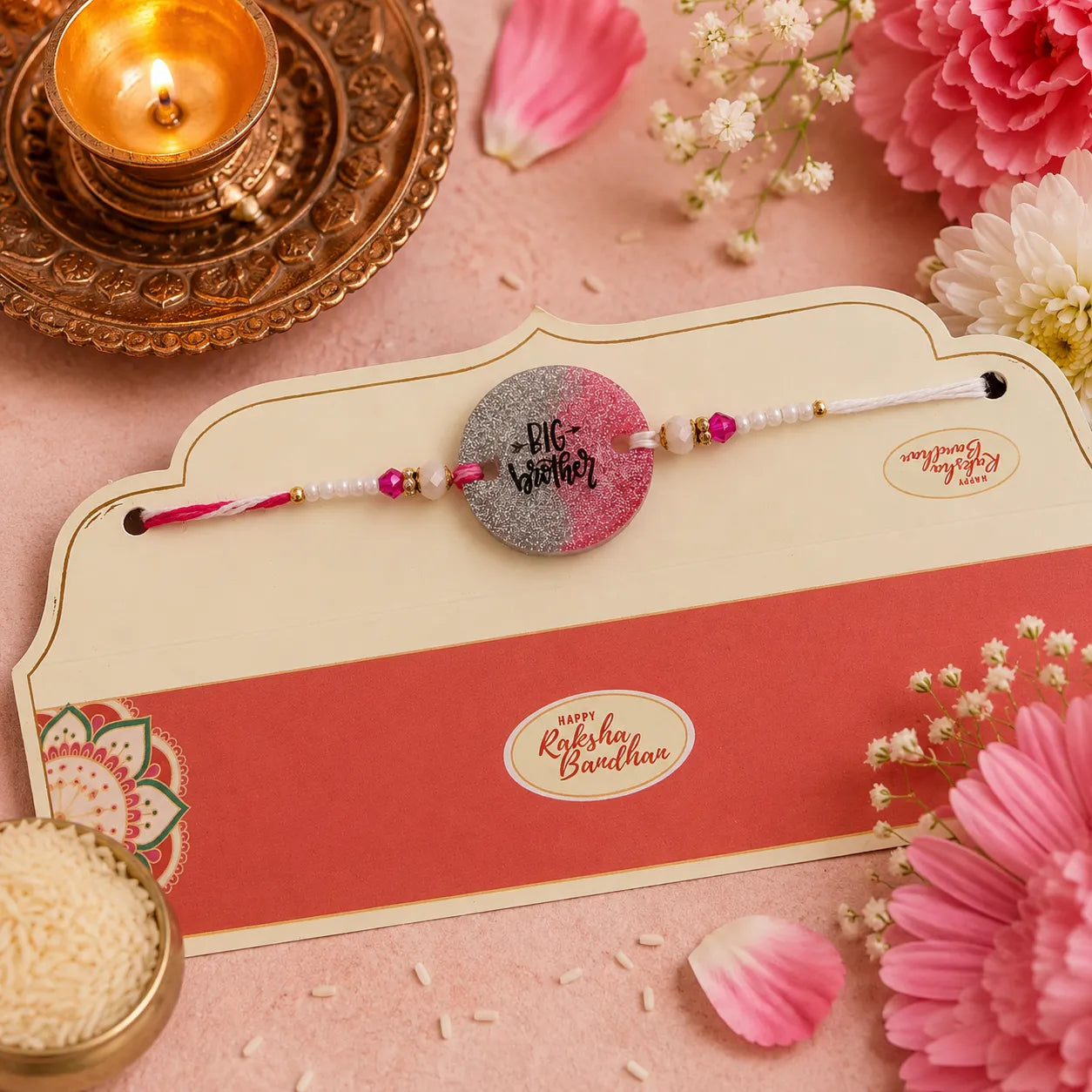 Rakhi with a card on a decorative setting with flowers and a candle.