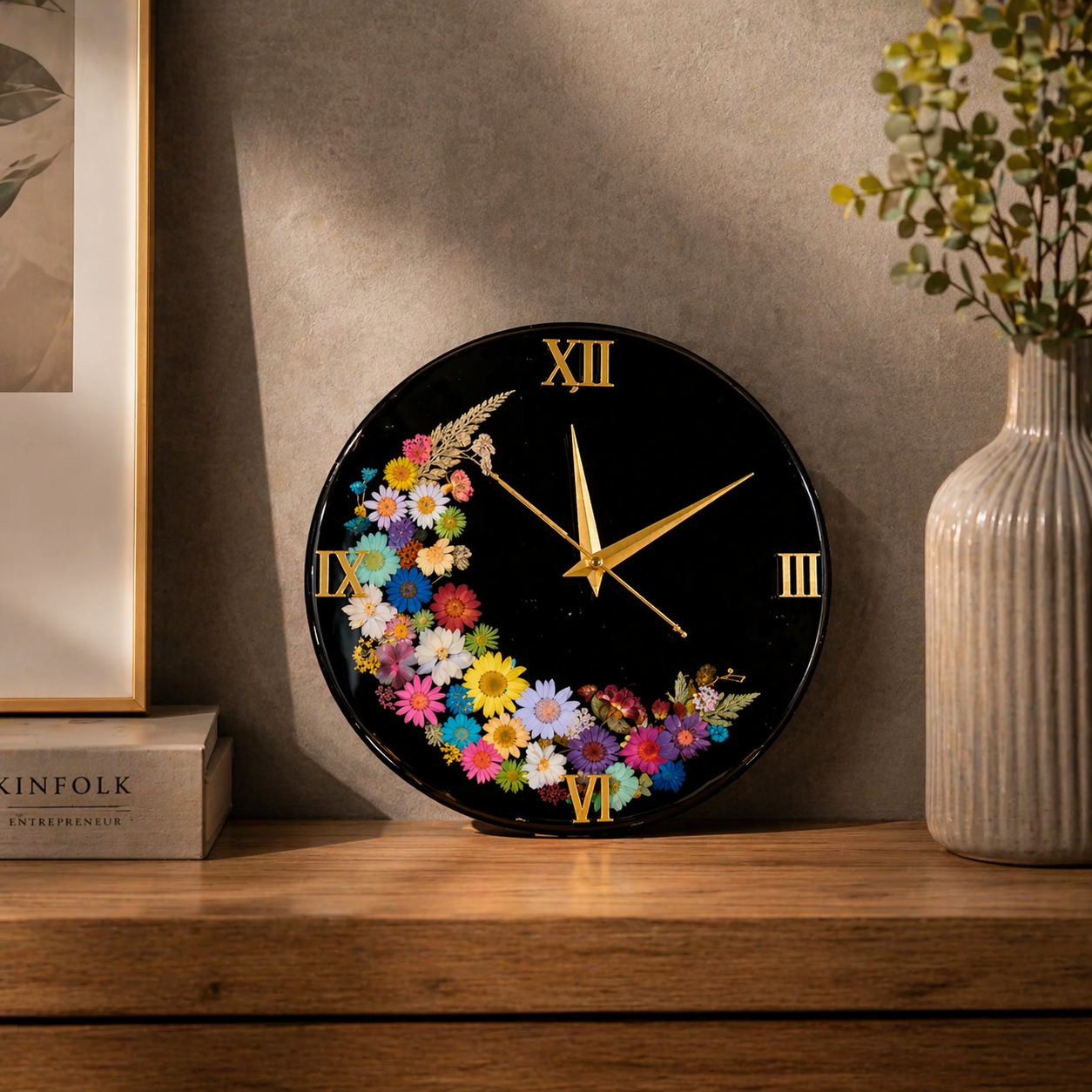 Decorative clock with floral design on a wooden surface